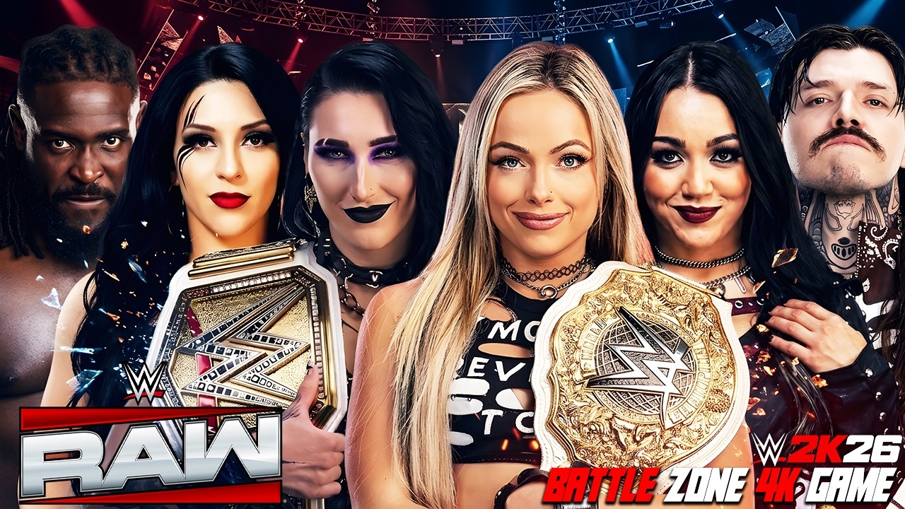 Rhea Ripley, Stephanie Vaquer & Oba Femi vs Liv Morgan, Roxanne Perez & Dominik Mysterio background