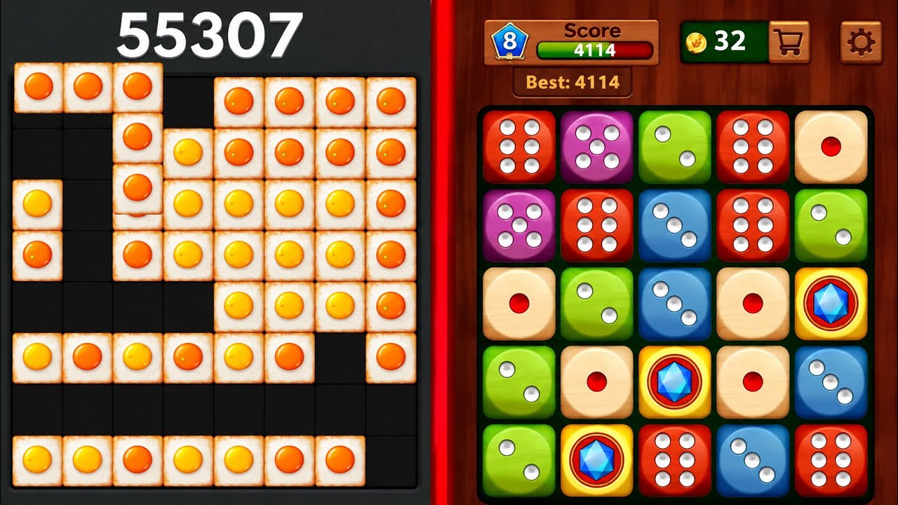 Block Blast Puzzle 🧩 VS Woody Dice Merge Puzzle 🎲✨ Satisfying Gameplay 🎮🔥 background