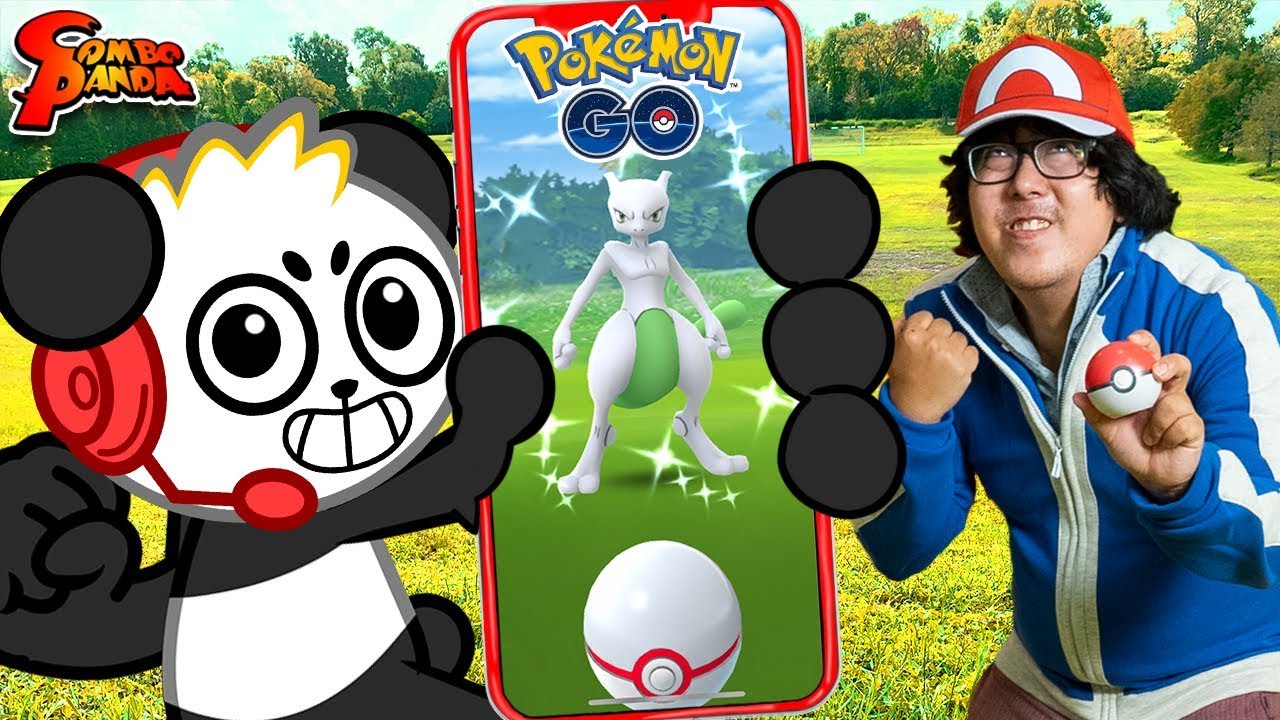RYAN'S DADDY CHALLENGES COMBO PANDA TO POKEMON GO IN REAL LIFE! Who can catch SHINY MEWTWO first? background
