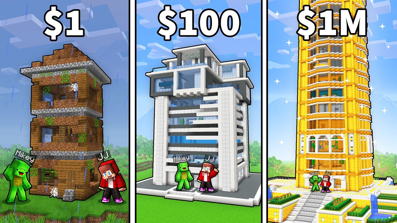 JJ and Mikey: From POOR To RICH Skyscraper in Minecraft...