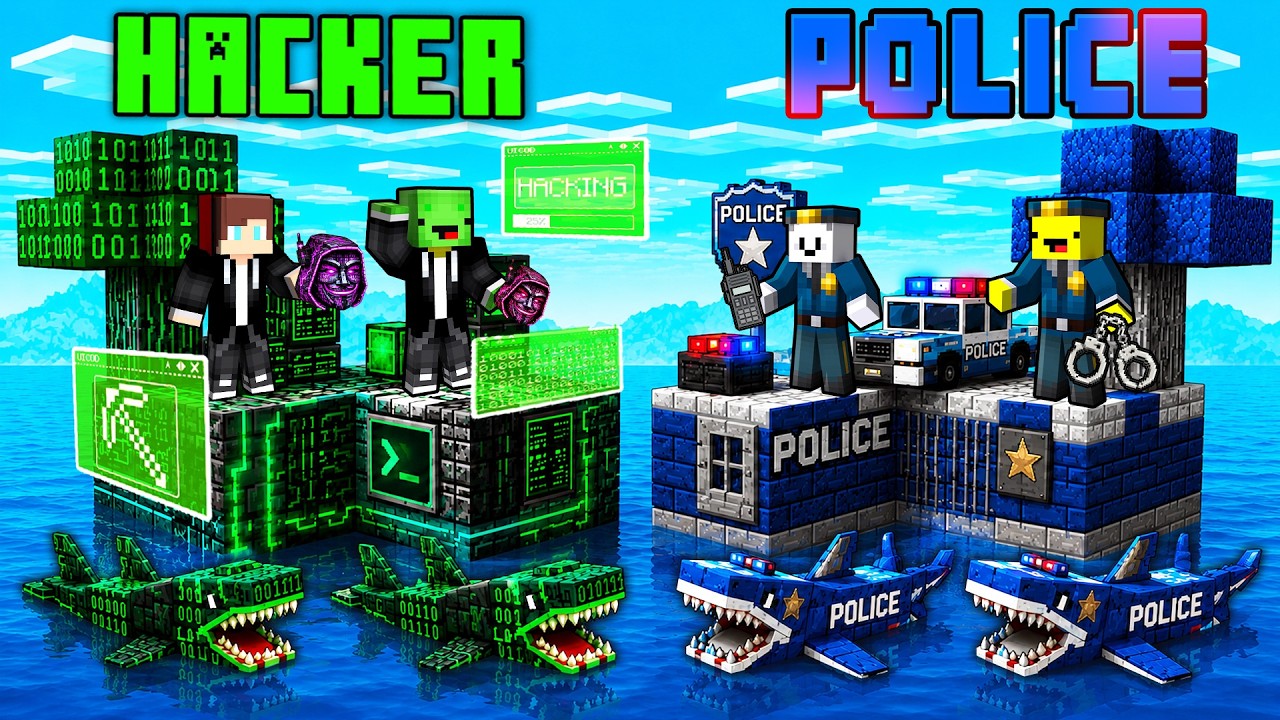 Mikey and JJ vs Friends: HACKER vs POLICE ISLAND BATTLE In Minecraft...