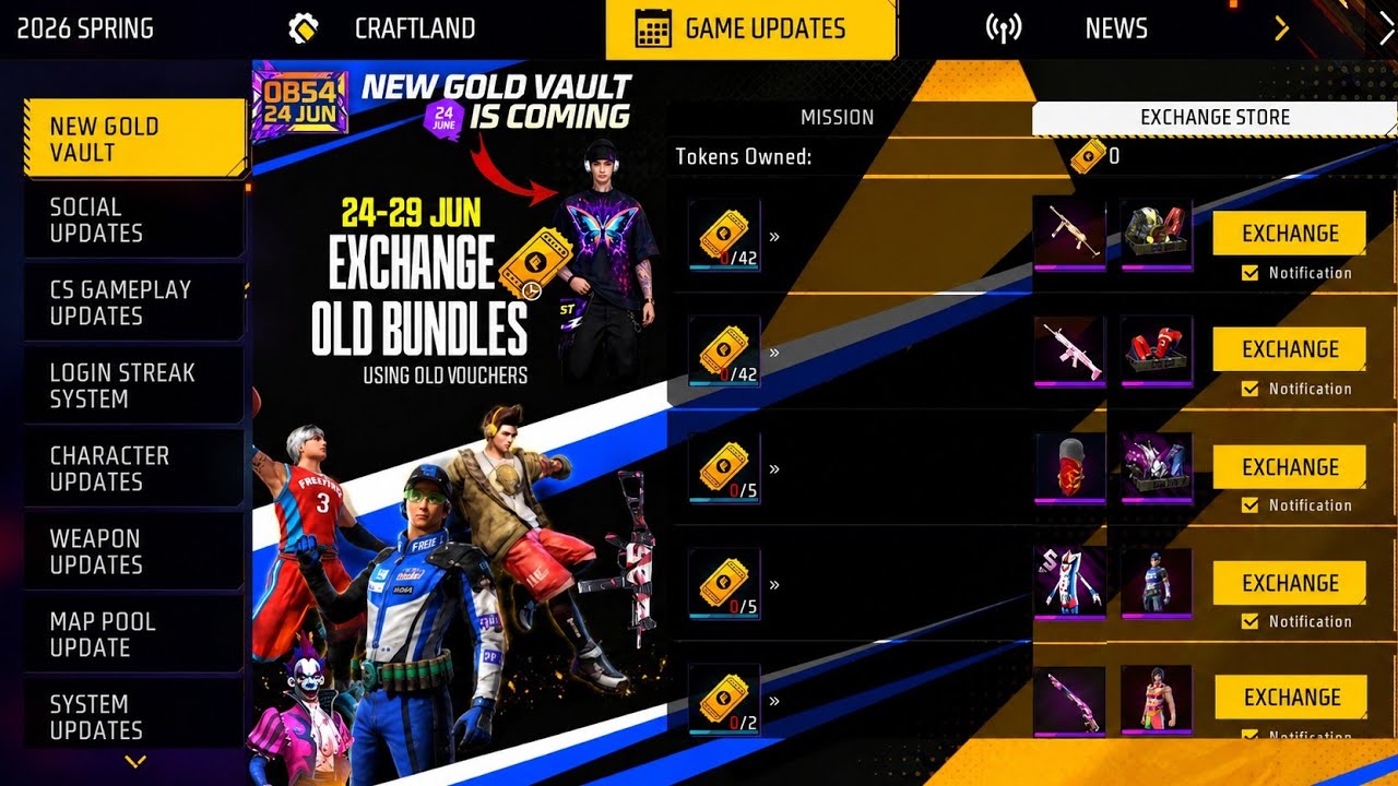 OB54 Gold Voucher Exchange Old Bundles 🤯 New Gold Vault Royale Free Fire 2026 | OB54 Update background