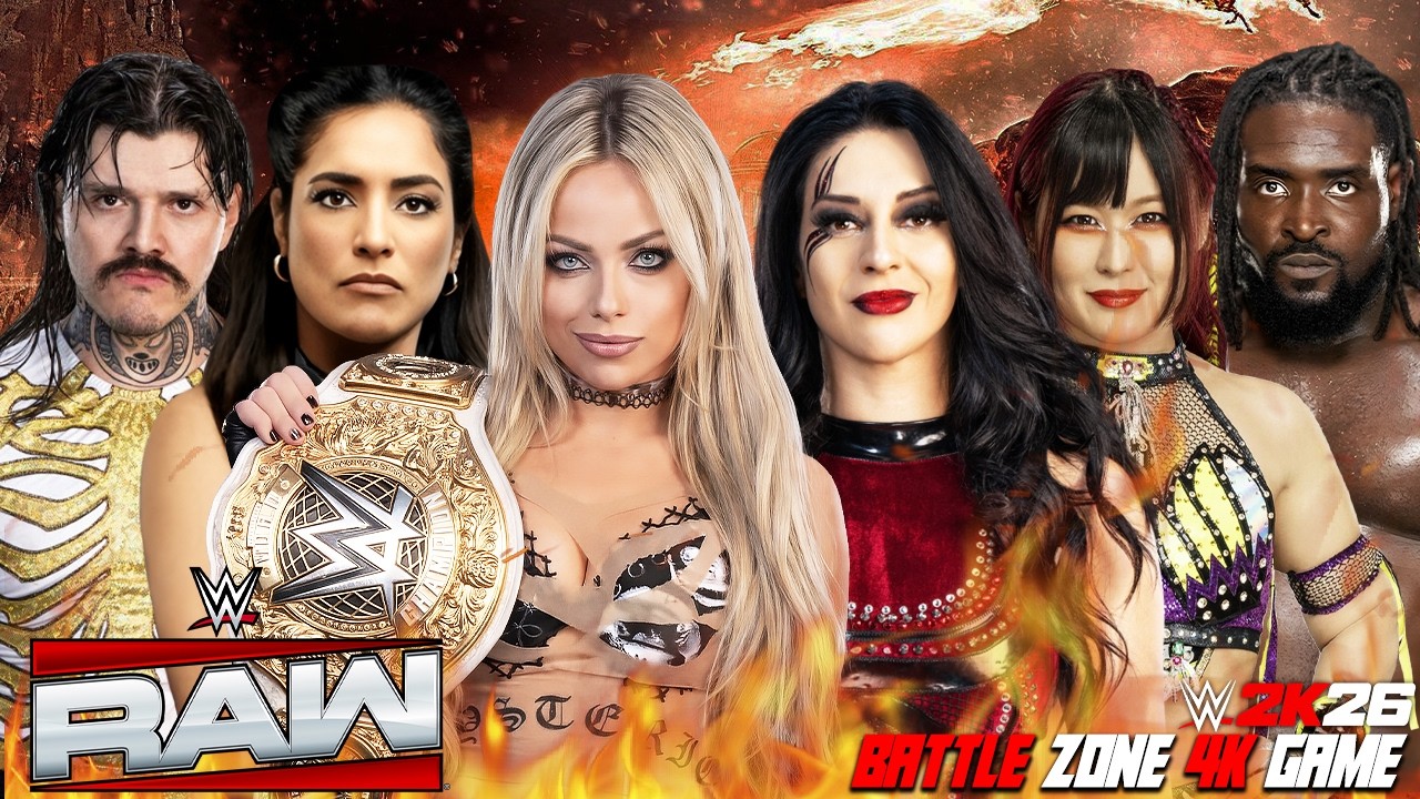 Liv Morgan, Dominik Mysterio & Raquel Rodriguez vs Stephanie Vaquer, Iyo Sky & Oba Femi background