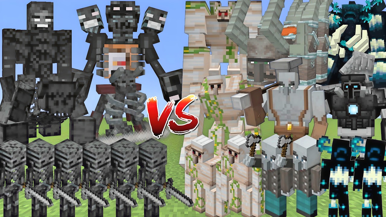 WITHER SKELETONS ALLIANCE VS IRON GOLEMS & PILLAGERS & WARDENS ALLIANCE MOBS BATTLE MINECRAFT