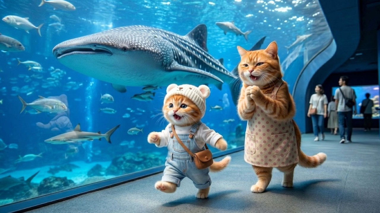 Mama Cat Takes Ginger Kitten on a Tour of the Aquarium and to Meet Giant Sharks 🐾🦈
