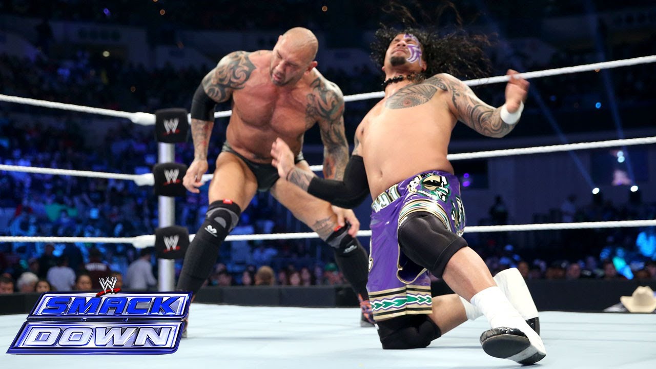 Daniel Bryan & The Usos vs. Randy Orton, Batista & Kane: SmackDown, April 11, 2014 poster - similar to 【LIVE】6月14日(日) DOMINION 6.14 in OSAKA-JO HALL ［第1試合のみ配信］| #njDOMINION [Only 1 matches]
