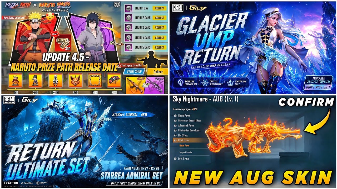π΄ NARUTO PRIZE PATH REWARDS 4.5 β
GLACIER UMP RETURN π₯Ά NEW AUG SKIN LV.8 π₯ RETURN ULTIMATE SET π€©