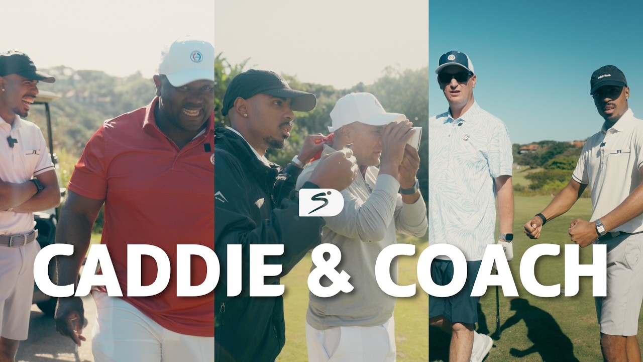 Chris Morris, Stanton Fredericks and Hanyani Shimange get help from Chad 'Caddie & Coach' Goodgall ๐