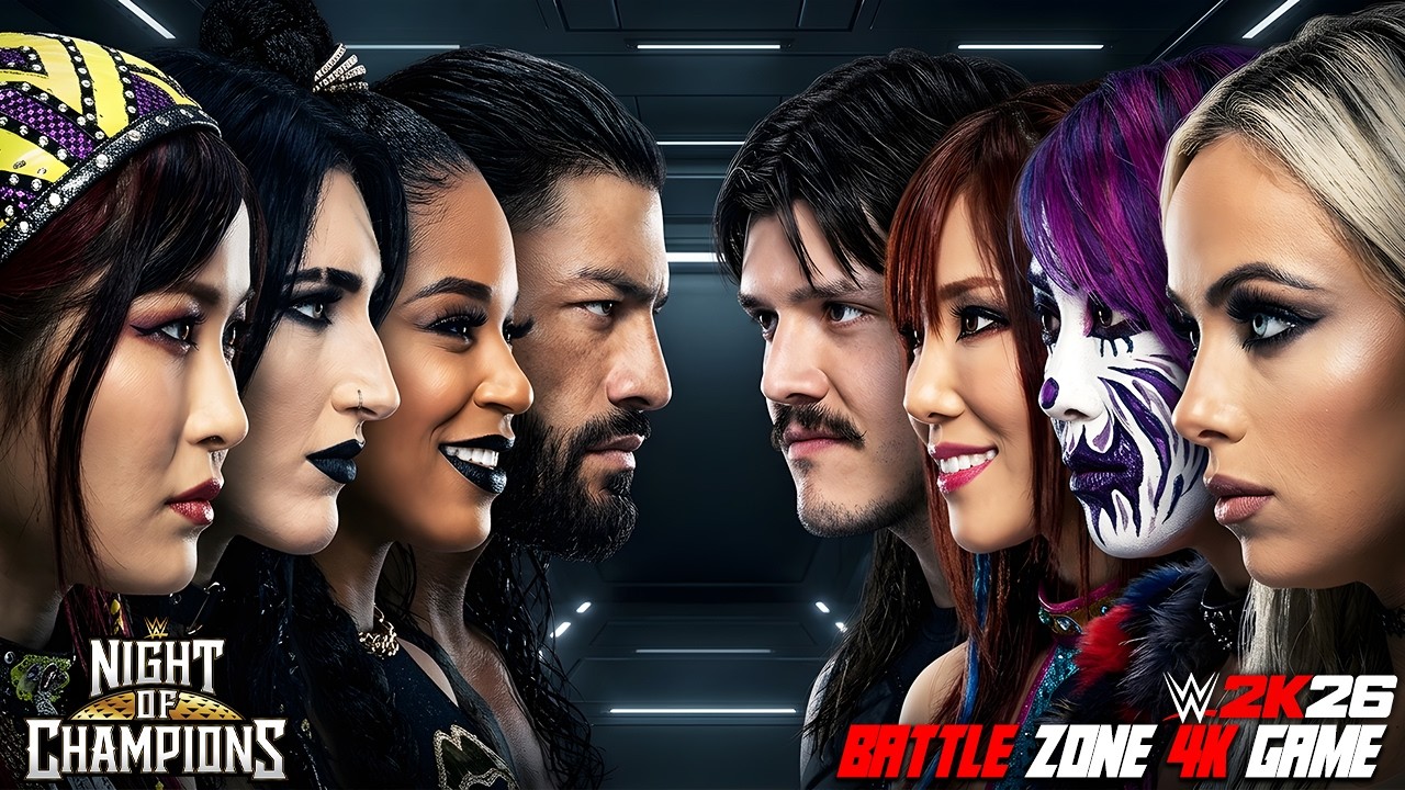 Roman Reigns, Rhea Ripley, IYO SKY & Bianca Belair vs Liv Morgan & Dominik Mysterio | WWE NOC background