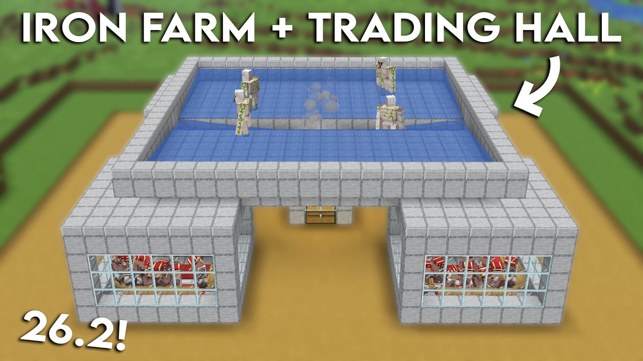 NEW MINECRAFT 26.2 IRON FARM WITH TRADING HALL TUTORIAL (Java & Bedrock) background