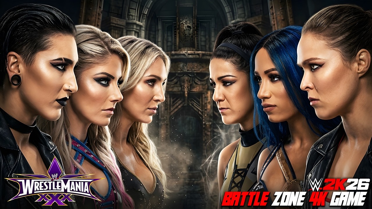 Rhea Ripley Alexa Bliss Charlotte Flair vs Ronda Rousey Sasha Banks Bayley | Out for Revenge! background