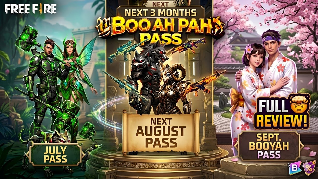 ЁЯФе FREE FIRE JULY, AUGUST & SEPTEMBER BOOYAH PASS 2026 FULL REVIEW ЁЯФеNext Month Booyah Pass Free Fire background