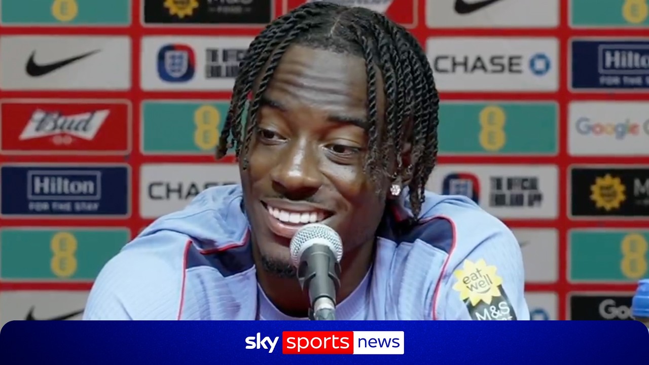 Noni Madueke FULL England press conference ahead of DR Congo World Cup knockout clash background