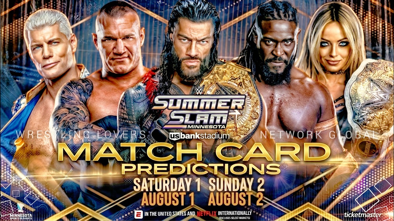 WWE SummerSlam 2026 Match Card Predictions | Roman Reigns vs Seth Rollins, Brock Lesnar vs Oba Femi background