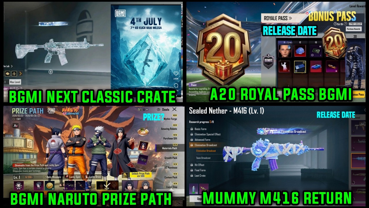 BGMI NARUTO PRIZE PATH / NEXT CLASSIC CRATE M416 GLACIER/ MUMMY SET BGMI A20 ROYAL PASS RELEASE DATE background