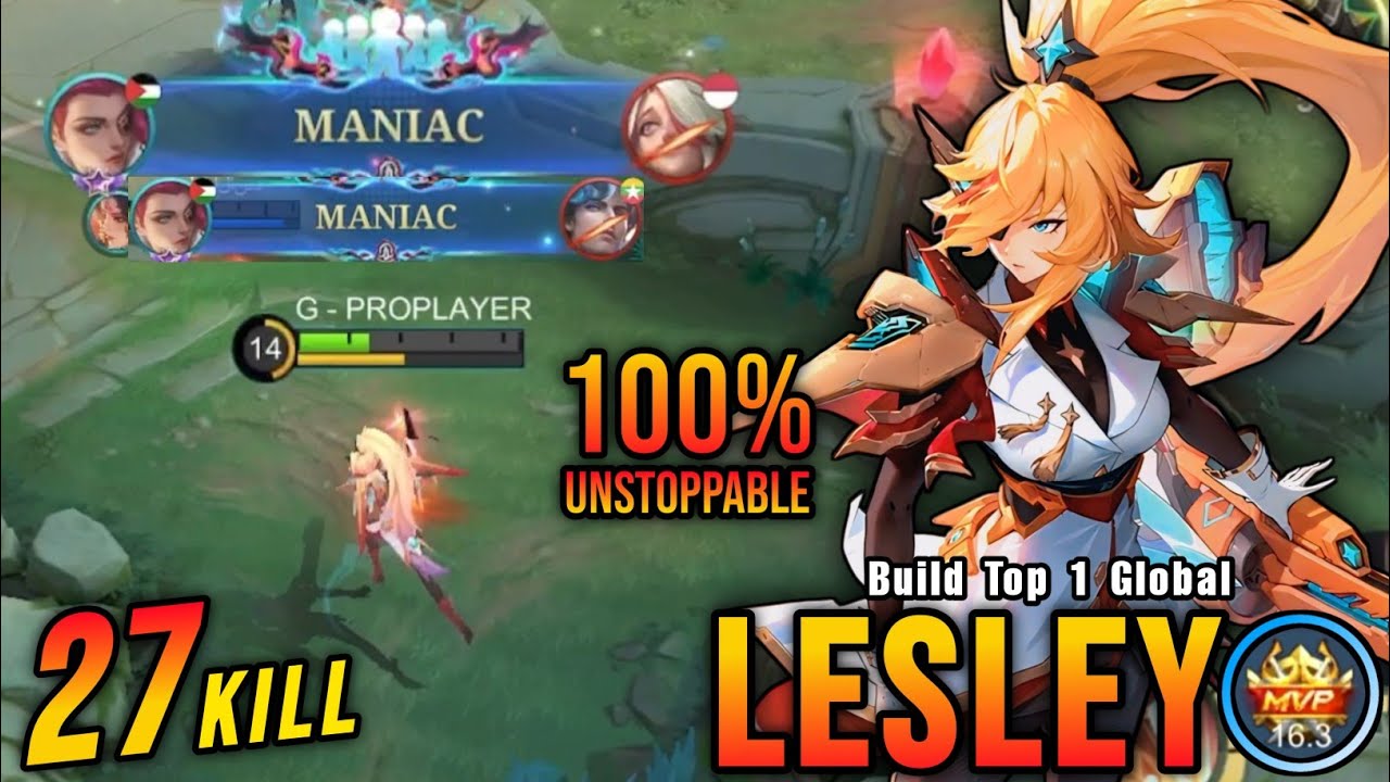 27 Kills + 2x MANIAC!! Unstoppable Lesley Instant Kill Enemies!! - Build Top 1 Global Lesley ~ MLBB background
