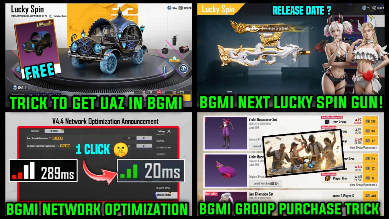 BGMI FREE UAZ UPGRADE SKIN / BGMI NETWORK OPTIMIZATION/ NEXT LUCKY SPIN UPGRADE GUN / GROUP PURCHASE background
