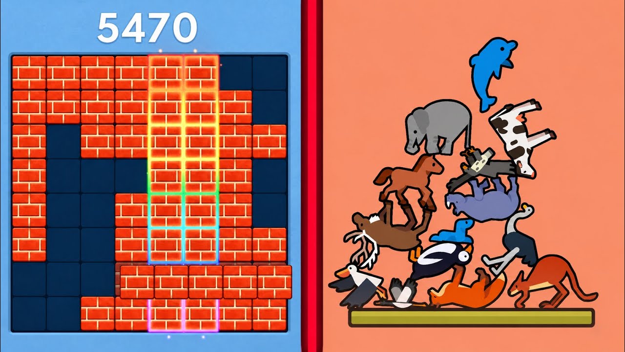 Block Blast Puzzle 🧩 VS Animal Stack Puzzle 🦅🦌🦩🦒 (Offline Games) 📱✨ Satisfying Mobile Gameplay 🎮🔥 background