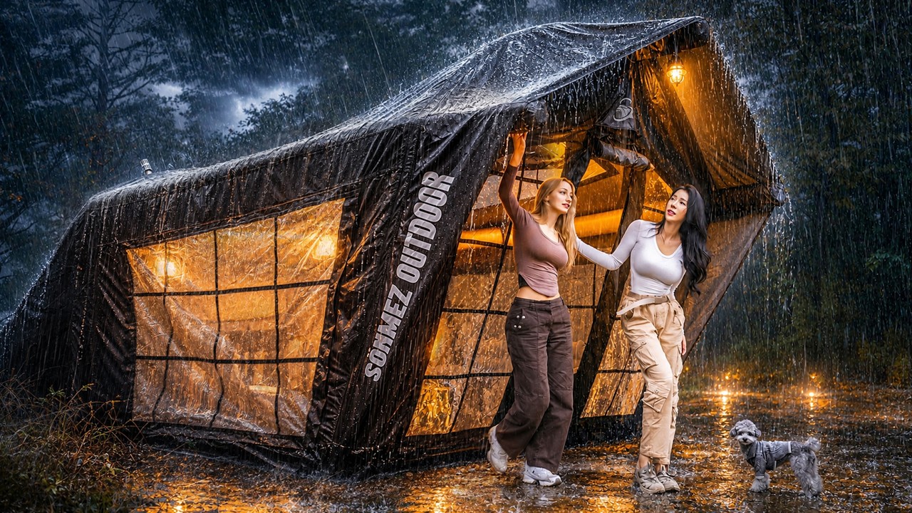 NEW LUXURY AIR TENT CAMPING IN THE RAIN🌧️ backdrop