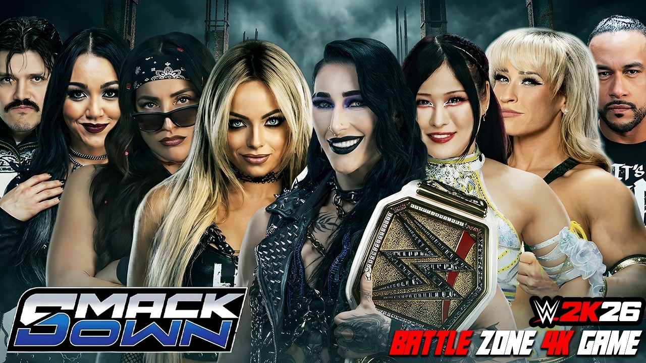 Rhea Ripley, Iyo Sky & Damian Priest vs Liv Morgan, Dominik & Judgment Day Allies background