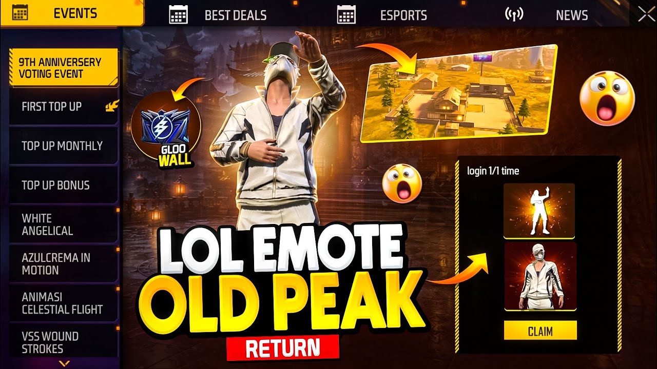 LOL EMOTE😱+ OLD PEAK RETURN EVENT FREE FIRE | LOL EMOTE RETURN CONFORM DATE | FF OLD PEAK EVENT background