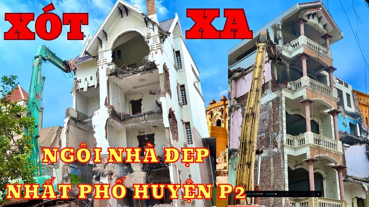 Xót xa khi xem phá dỡ ngôi nhà đẹp nhất phố huyện p2.The power of an excavator . background