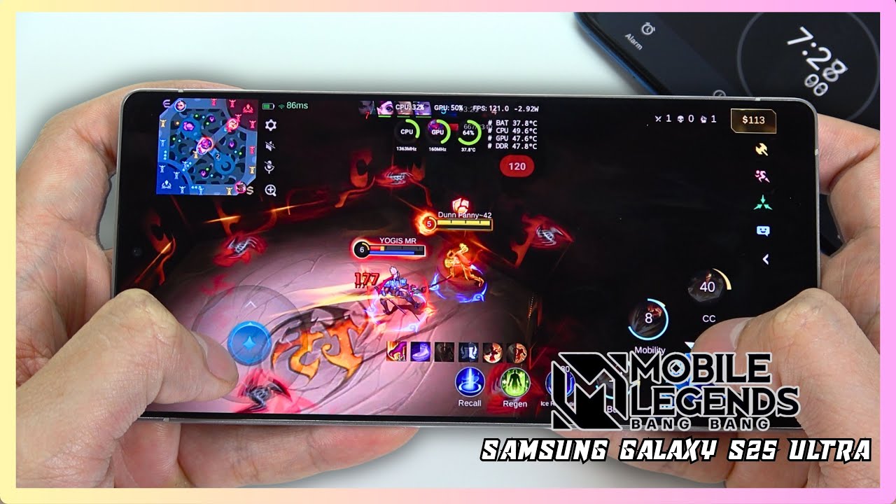 Samsung Galaxy S25 Ultra Mobile Legends Gaming test MLBB | Snapdragon 8 Elite, 120Hz Display background