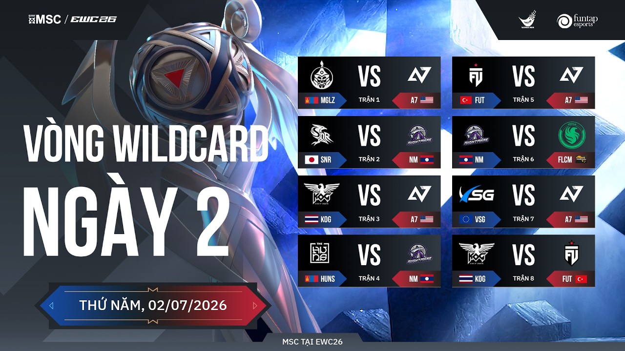 MGLZ, A7, SNR, NM, KOG, HUNS, FLCM, VSG, FUT | NGÀY 2 - VÒNG WILDCARD MLBB MID SEASON CUP TẠI EWC26 background
