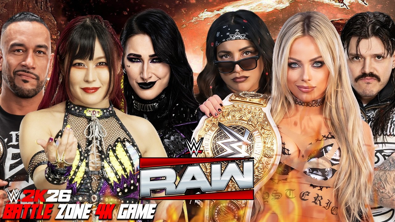 Rhea Ripley, IYO SKY & Damian Priest vs Liv Morgan, Raquel Rodriguez & Dominik Mysterio backdrop