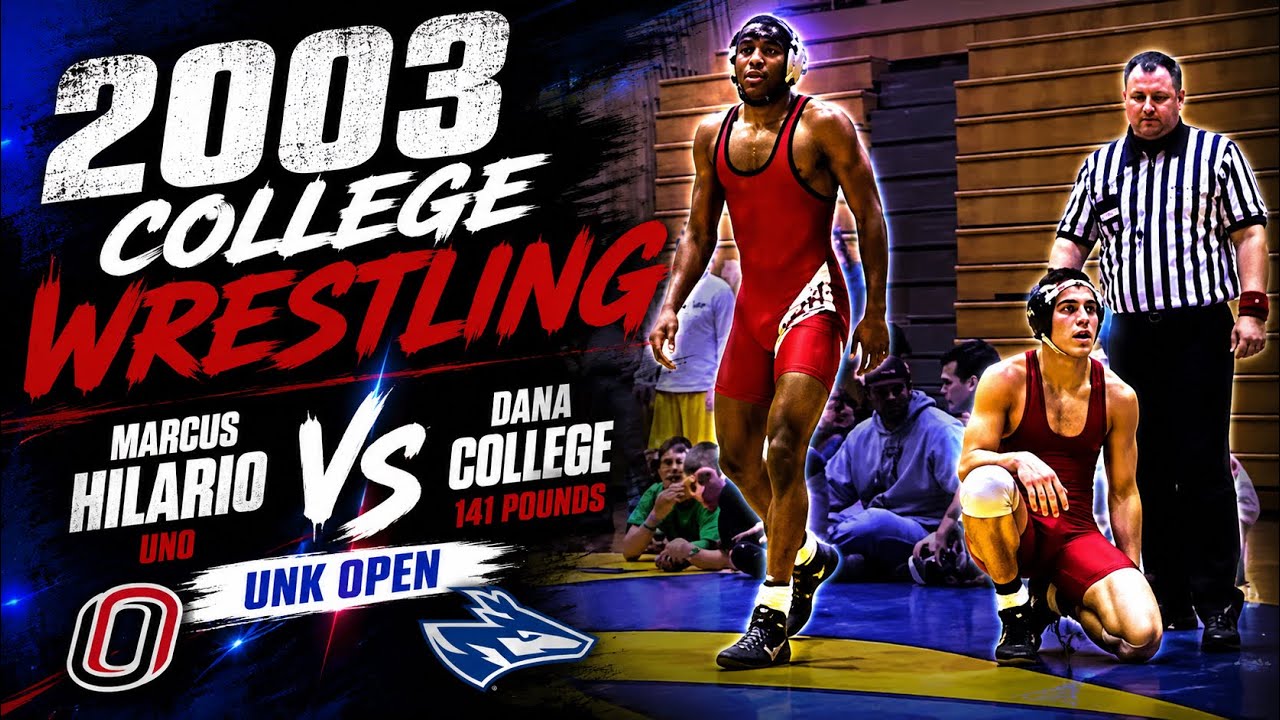 2003 College Wrestling: Marcus Hilario, UNO vs Dana College, 141 pounds, UNK Open background