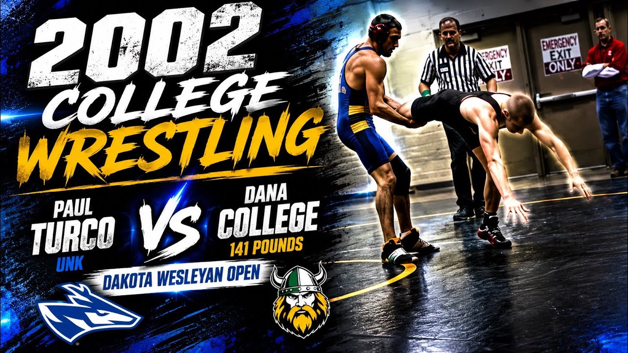 2002 College Wrestling: Paul Turco, UNK vs Dana College, 141 pounds, Dakota Wesleyan Open background