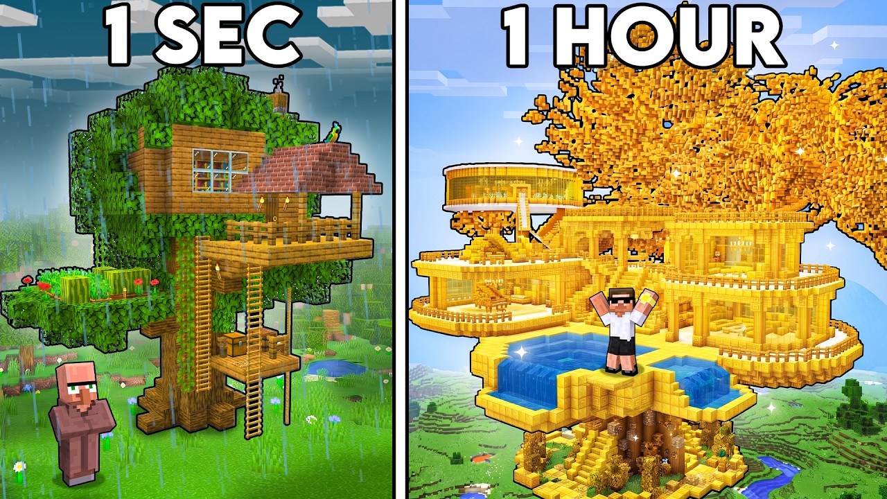 1 SECOND VS 1 HOUR TREEHOUSE BUILD BATTLE IN MINECRAFT!! background