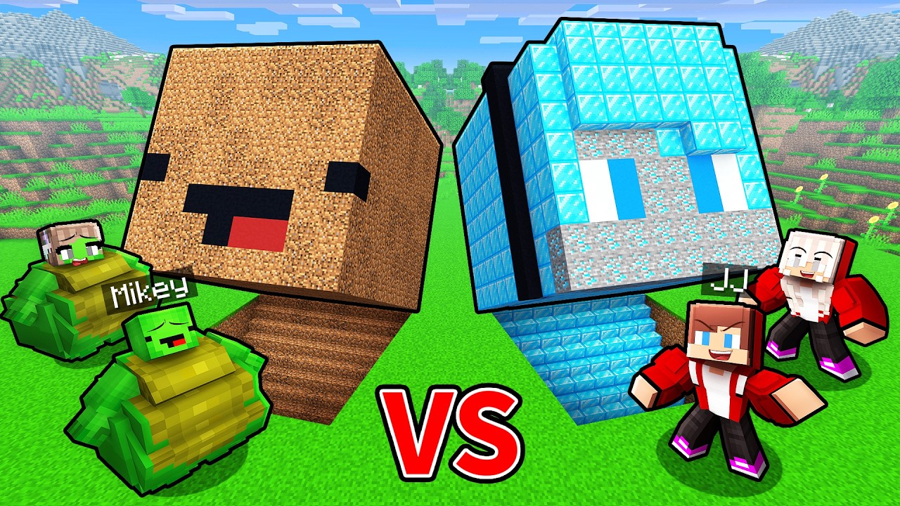 JJ and Mikey: FAT vs STRONG Head Base Battle in Minecraft! background