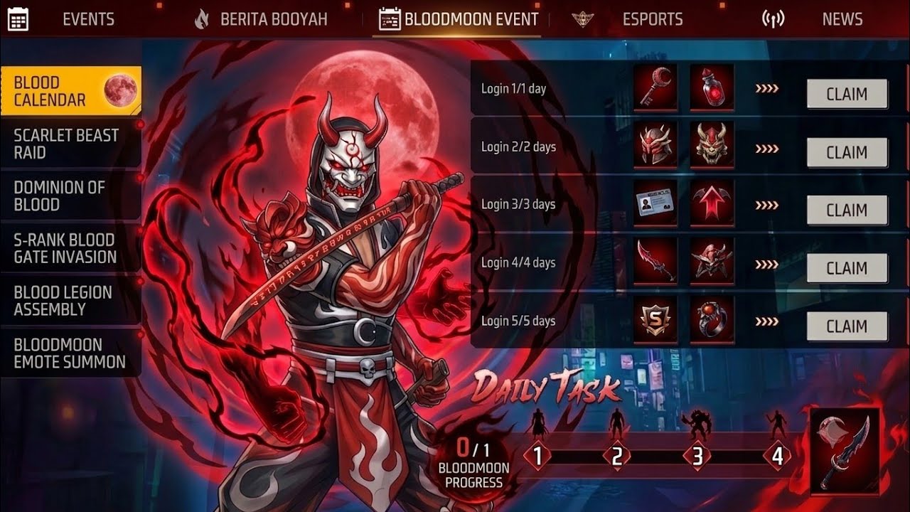 Bloodmoon Event Free Rewards 💥🤯 | lol emote return | free fire new event | ff new event background