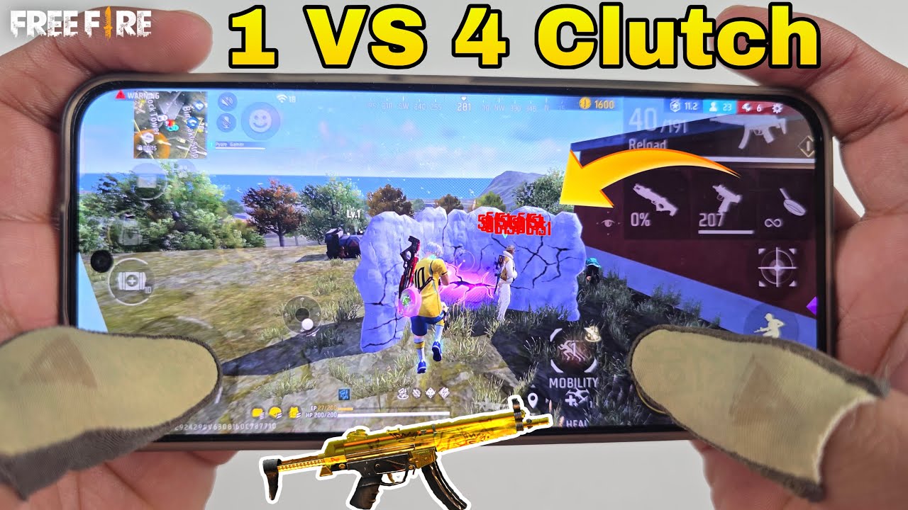 1 vs 4 free fire full map ranked gameplay 2 finger handcam in Infinix gt 30 pro background