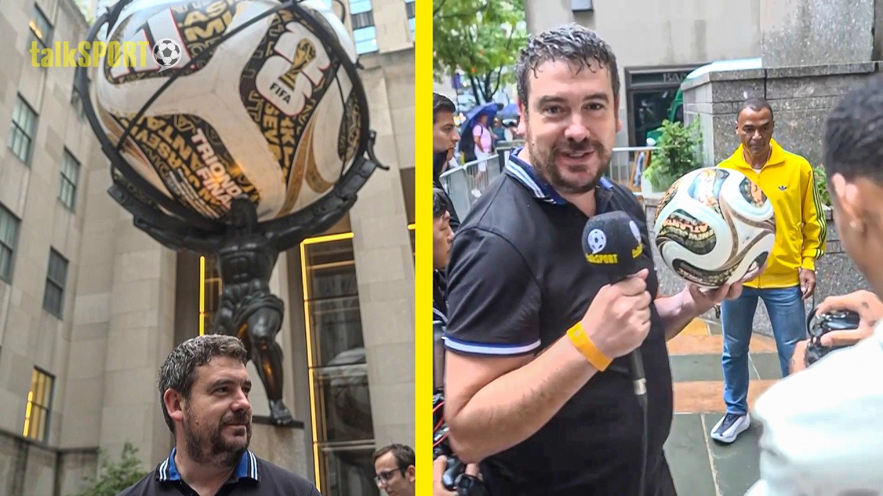 Alex Crook handed the official Adidas World Cup Final football match ball by the legend Cafu! background