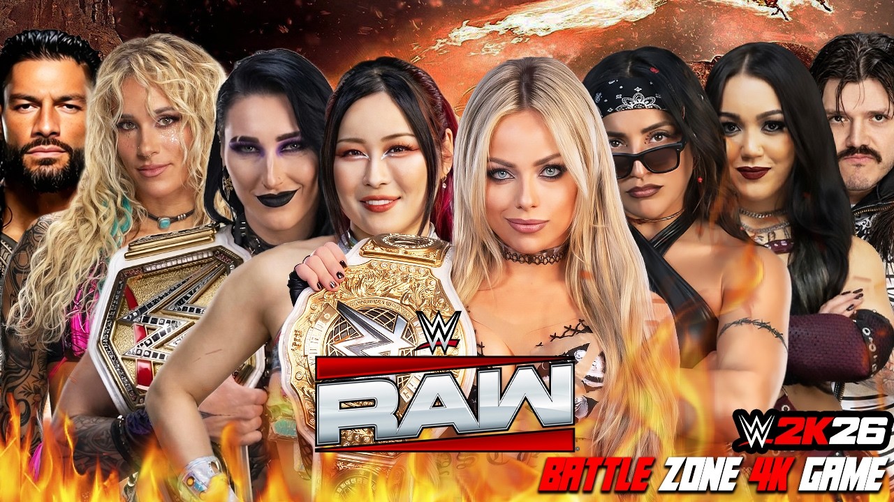 Rhea Ripley Iyo Sky & Roman Reigns vs Liv Morgan & Dominik Mysterio | Epic WWE 2K26 RAW Showdown background