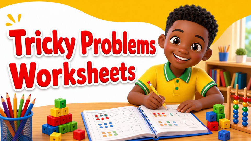Tricky Problems Worksheets | Math | 1st Grade - Kids Academy background