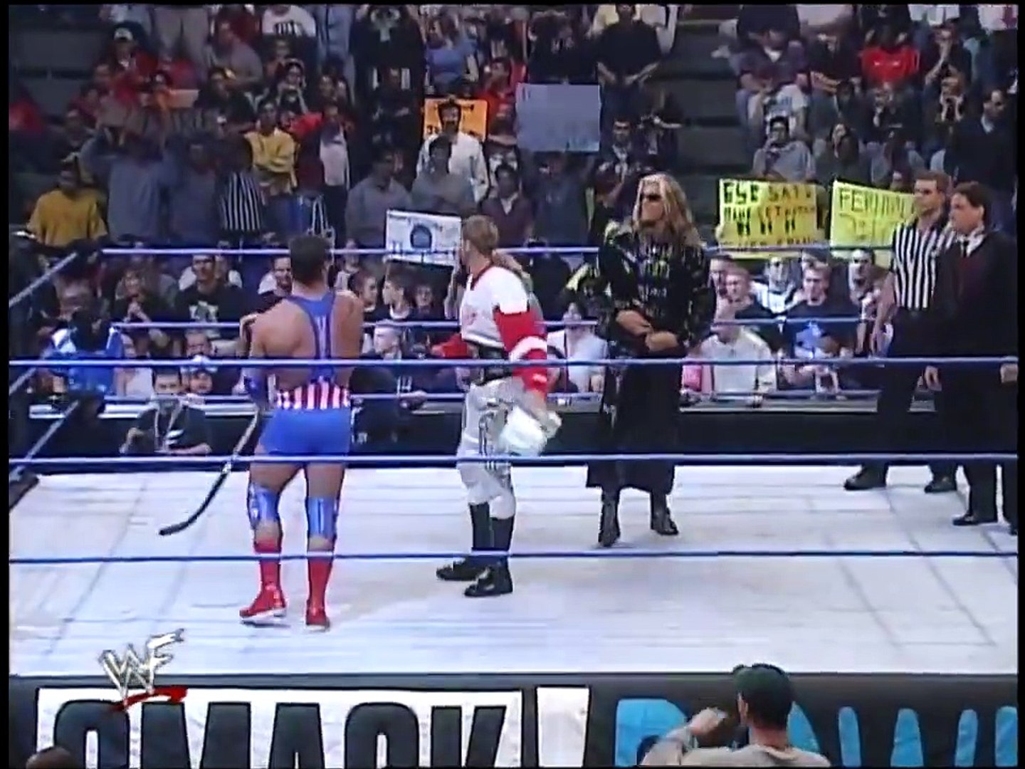 Edge w/Christian & Kurt Angle vs. Rikishi w/Too Cool background