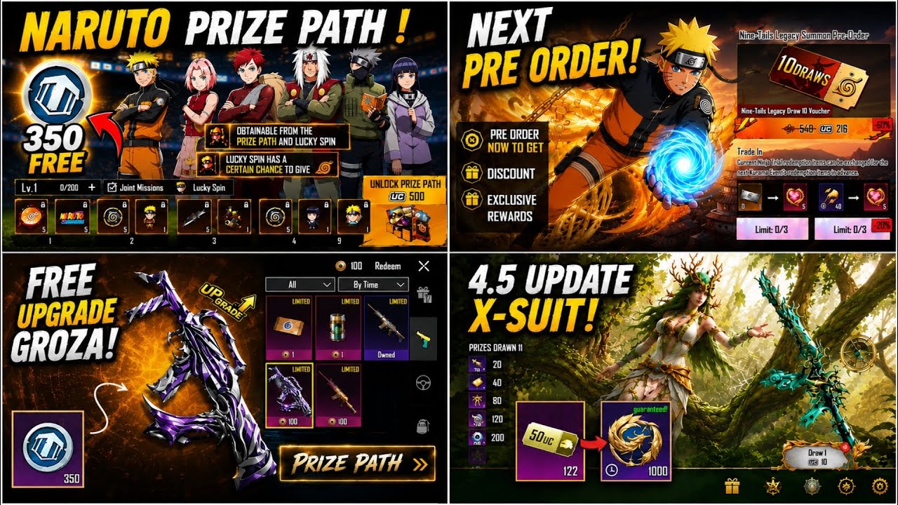 🔴 PRE ORDER | FREE 350 LUCKY COINS + UPGRADE GROZA SKIN | Naruto Prize Path Bgmi | Xsuit 4.5 Update background