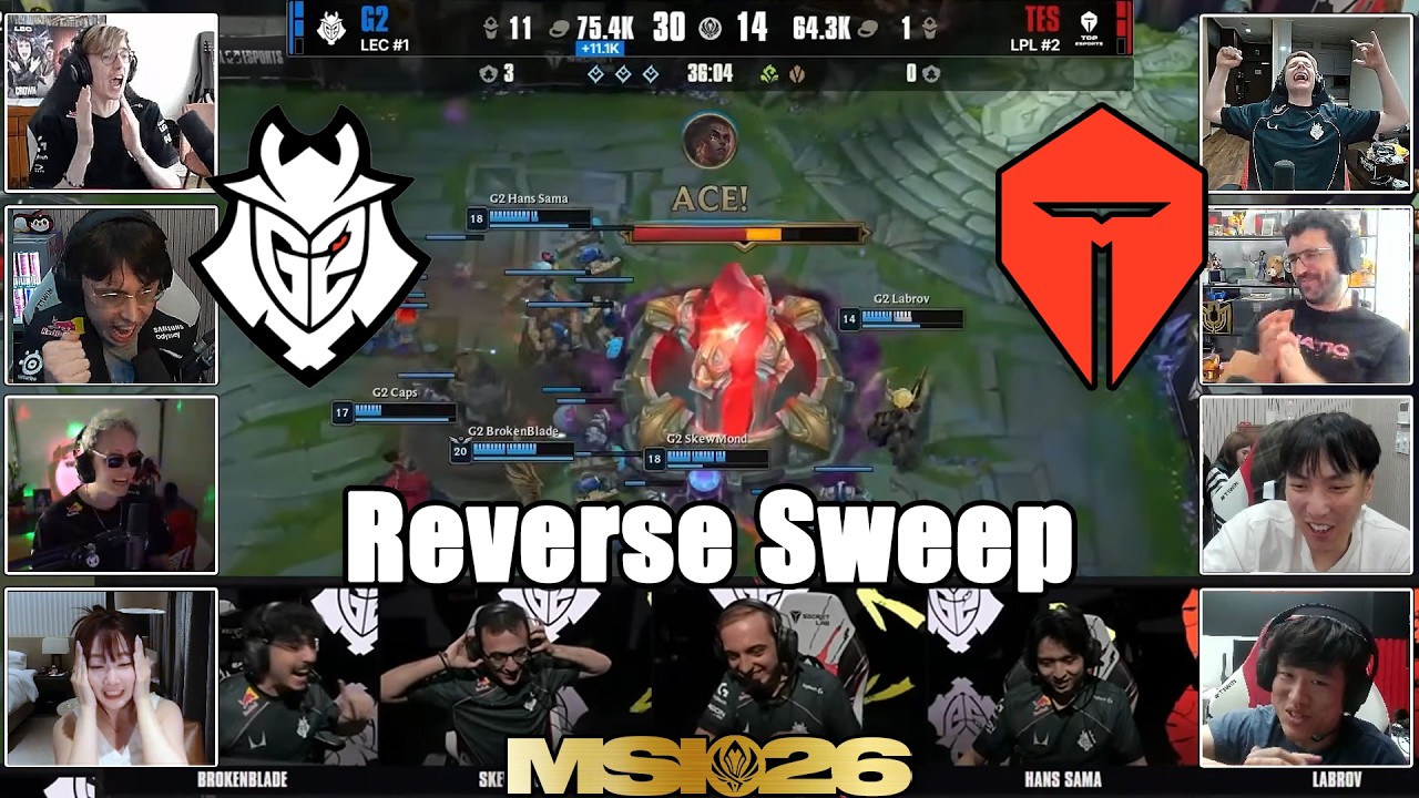 Streamers React to G2 LEGENDARY REVERSE SWEEPING TES | G2 vs TES Highlights | MSI 2026 background
