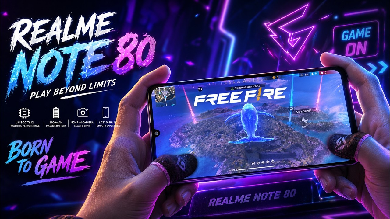 Realme Note 80 test game Free Fire | Unisoc T7250, 4GB RAM, 6300 mAh Battery background