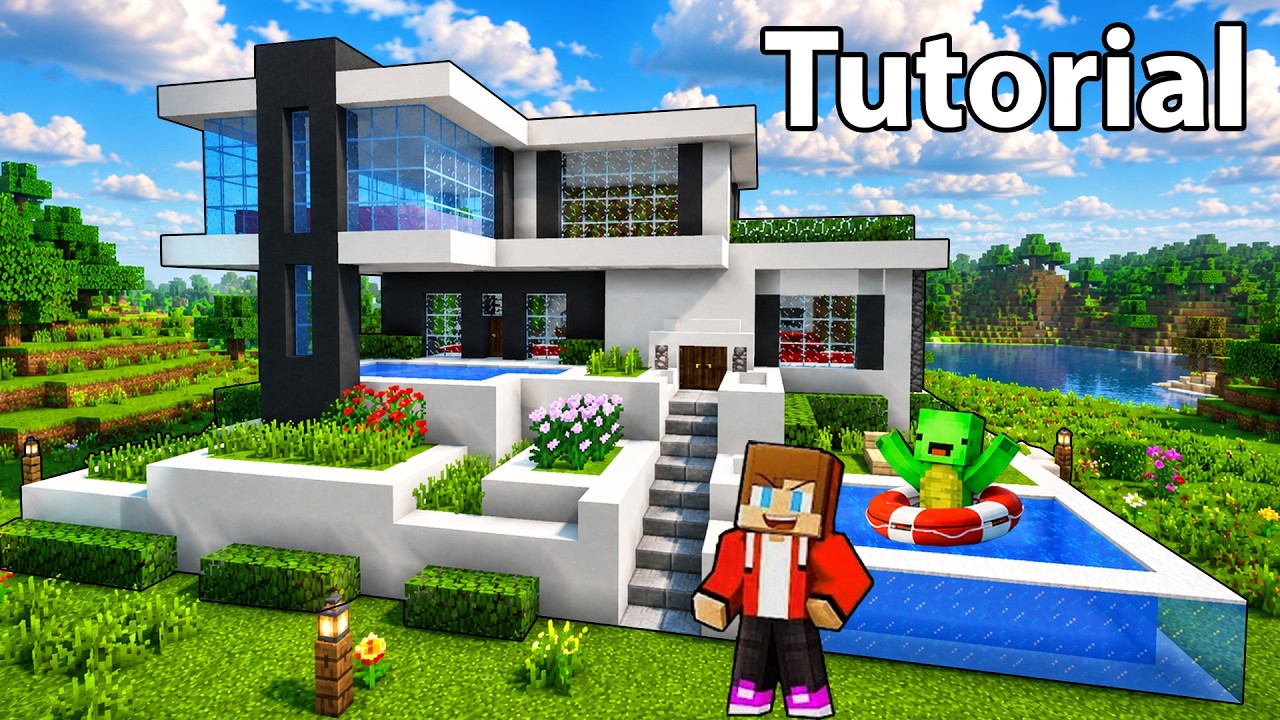 How To Build MODERN HOUSE Tutorial In Minecraft — JJ VS MIKEY Challenge — Maizen Parody background