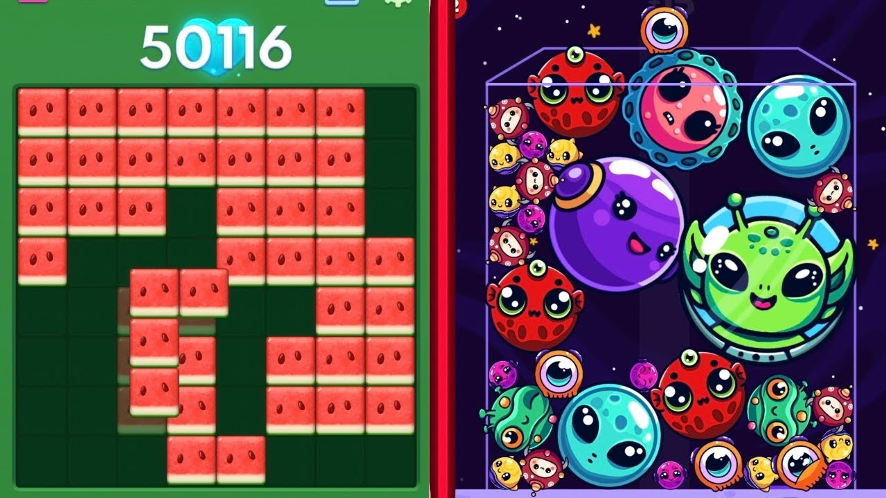 Block Blast Puzzle ๐งฉ VS Alien Fusion Watermelon ๐ฝ๐ Satisfying Mobile Gameplay ๐ฑ๐ฅ background