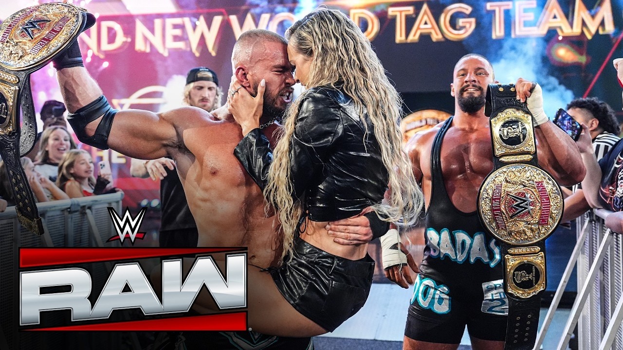 Maxxine dupri kisses Austin Theory after helping the vision recapture tag team gold Raw 2026 Hig background