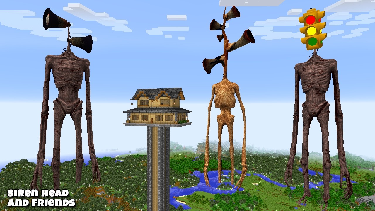 SURVIVING FROM WOOD SIREN HEAD, TRAFFIC HEAD AND SIREN HEAD in Minecraft - Gameplay background