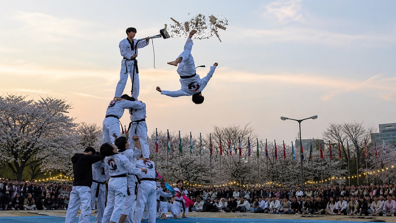 Unbelievable Taekwondo Trick Kick from Human Tower! background