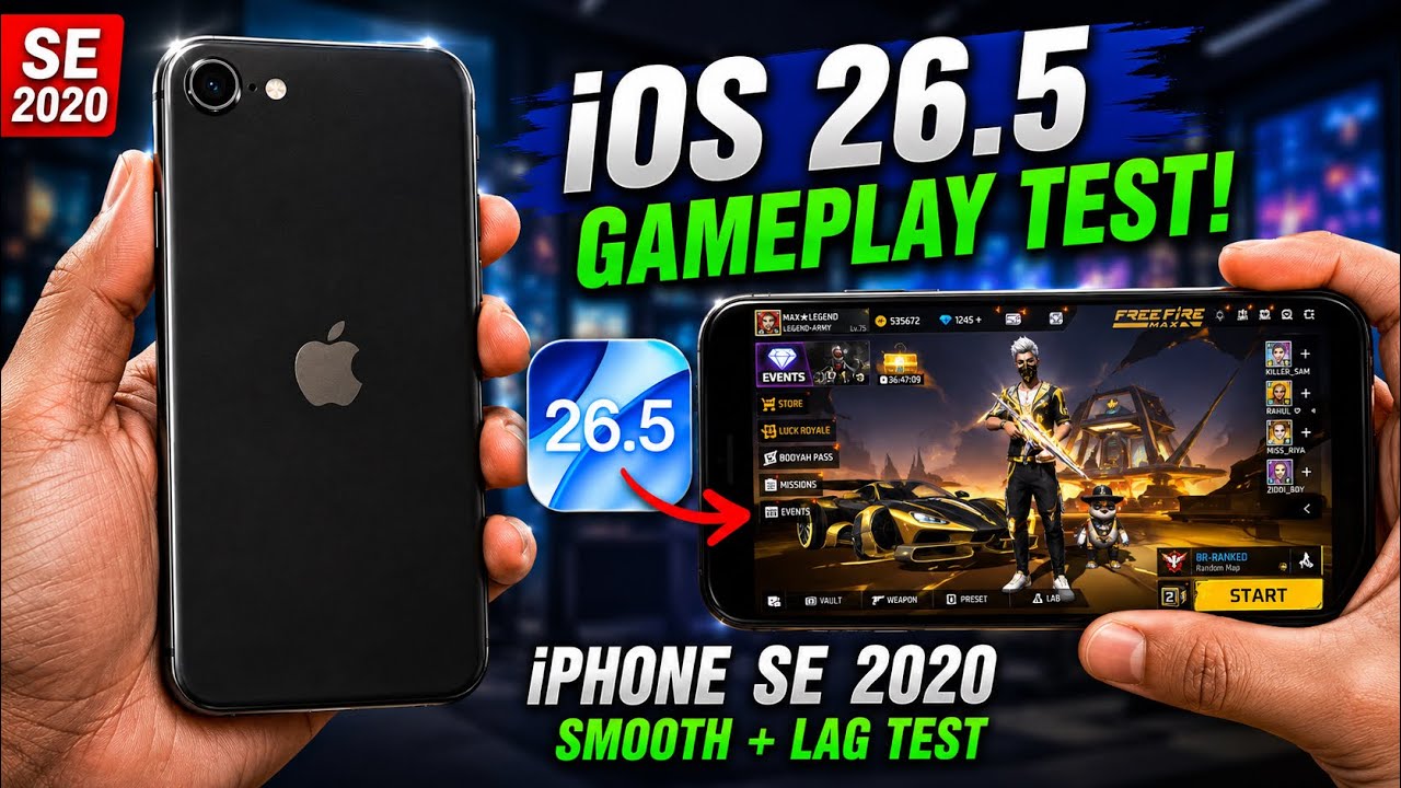 iPhone SE 2020 game paly Review iOS 26.5 update Free Fire max test background