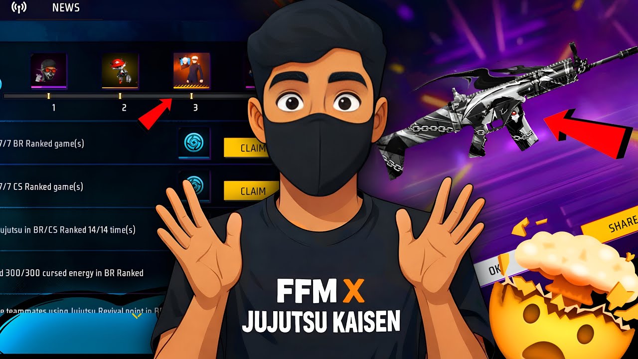 FFM X Jujutsu Kaisen Special Got Free Gun Skin & many more Free Rewards in Free Fire - Plucky Gamerz background