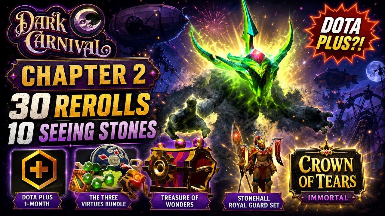 Dota 2 Dark Carnival Chapter 2 Opening | 30 Candyworks Rerolls, 10 Seeing Stones & Dota Plus background